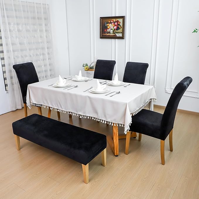 FORCHEER Black Velvet Dining Chair Covers with Bench Slipcover for Dining Room Stretch Dining Table Chair Covers 4 and A Bench Cover Removable Washable