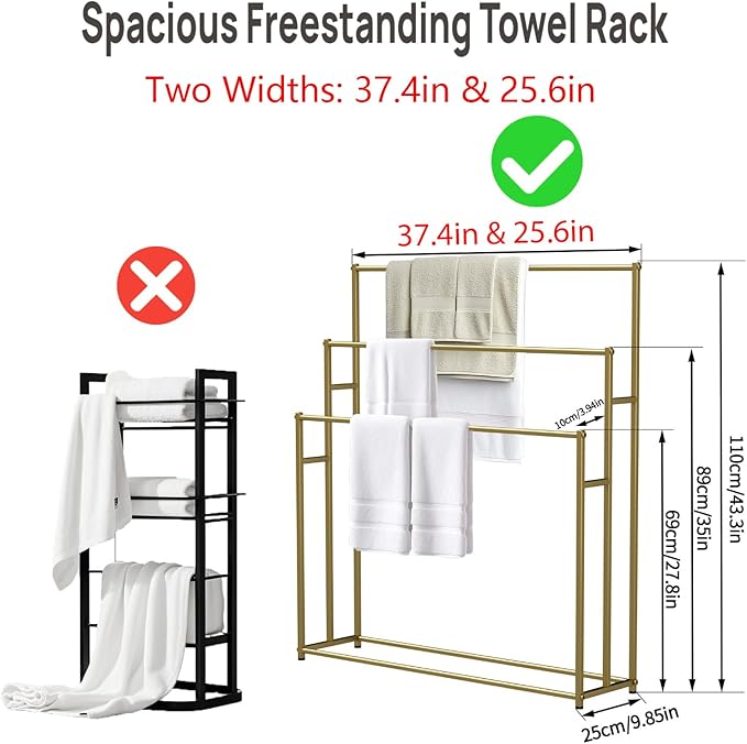 3 Tier Standing Towel Rack - Extra Wide Large Bathroom Towel Stand, Heavy-Duty Metal Towel Drying Rack for Poolside (Matte Black, 37.4” Wide)