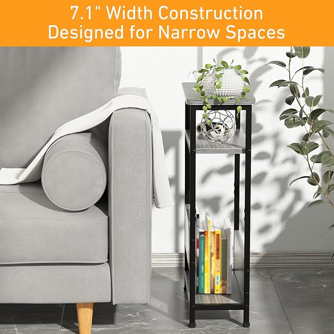 THUMEYE 7.1" Narrow Side Table for Small Spaces, 3 Tier Small End Table with Magazine Holder, Slim/Skinny Nightstand/Bedside Table for Living Room, Bedroom, 15.4" L x 24.2" H, Gray