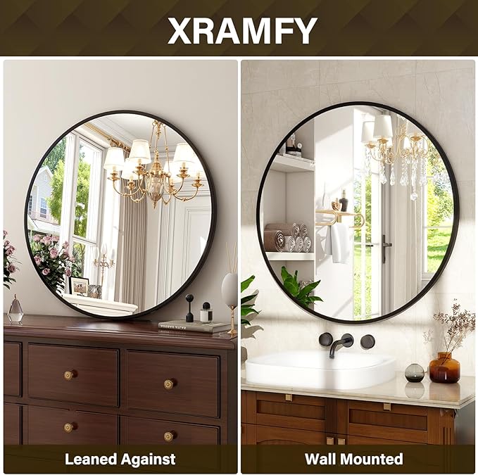 XRAMFY 30 Inch Round Mirror - Circle Mirrors for Bathroom, Entryway and Living Room Wall Decor, Modern Hanging Vanity Mirror, Matte Black Circle Decorative Wall Mirror