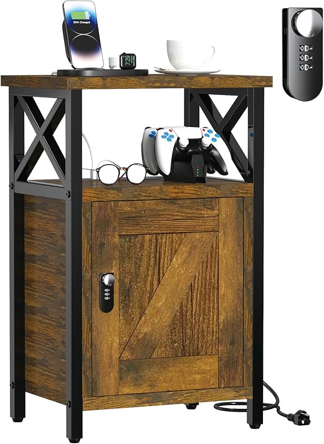 runjuly Wooden Nightstand with Lock, Bedside Table with Drawer, Bed Side Table with Charging Station, 3 USB & 2 Outlets, Night Stand with Storage Cabinet, End Table for Bedroom, Brown