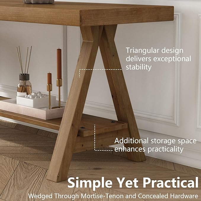 RowyPoey 54" Solid Wood Bench, Long Farmhouse Entryway Bench with Storage Shelf, Triangular Leg Design, Narrow Rustic Benches for Hallway, Bedroom, Dining, Kitchen, Easy Assembly