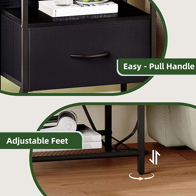 Somdot Black Nightstand Set of 2 with Charging Station and LED Light for Bedroom, Bedside Table End Table for Dorm Guest Room Bedside Kids Laundry Closet Entryway Hallway, Black