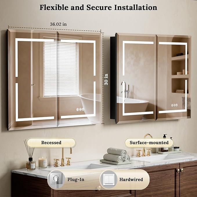 36"X30" Bathroom Medicine Cabinet with Mirror, LED Lighted Medicine Cabinet with Anti-Fog, 3 Colors Temperature Stepless Dimmable, Metal Cabinet for Storage and Mordern Decor, Black