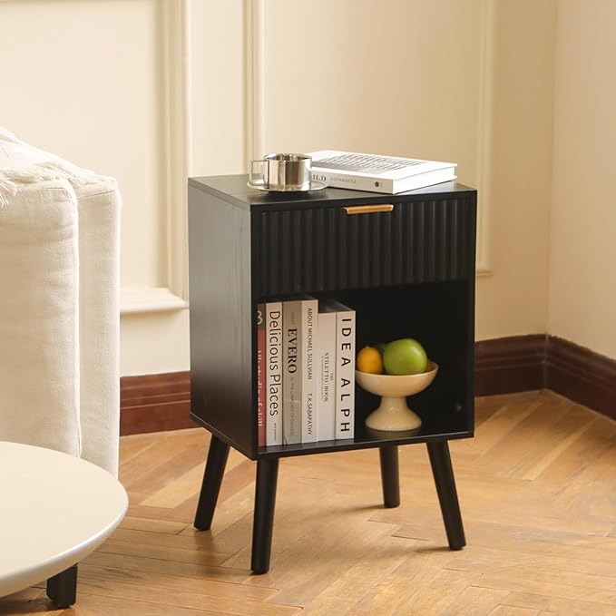 Fultyle Black Fluted Nightstand, Modern Bedside Table with Drawer and Opening Storage, End Side Table Living Room with Solid Wood Legs for Bedroom (Black)