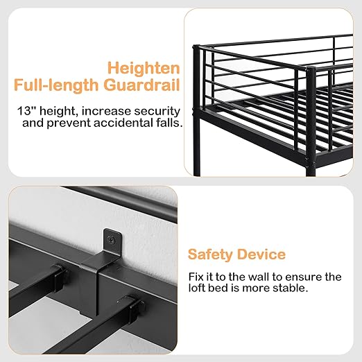 VECELO Metal Loft Bed Twin Size with Desk, Heavy Duty Bedframe with Removable Ladder and Safety Guardrail, Space-Saving, Noise Free, No Box Spring Needed, Matte Black