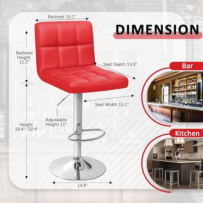 Homall Bar Stools Modern PU Leather Adjustable Swivel Barstools, Armless Hydraulic Kitchen Counter Bar Stool Extra Height Square Island Barstool with Back Set of 2 (Leather, Red)