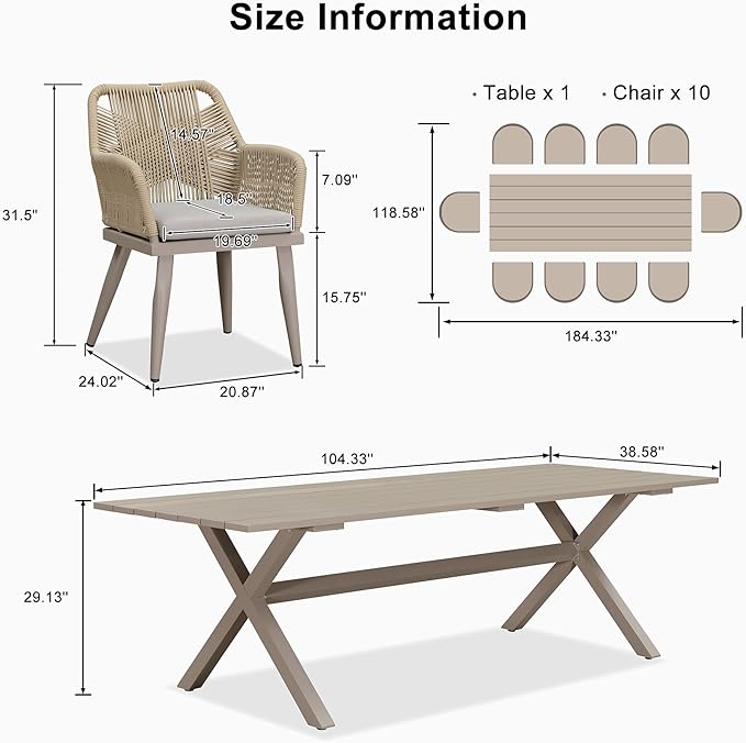 PURPLE LEAF 11 Pieces Outdoor Dining Set All-Weather PE Rattan Outdoor Patio Furniture Set with All Aluminum Frame Rectangular Table and Chairs Set for Lawn Garden Backyard Deck, Champagne