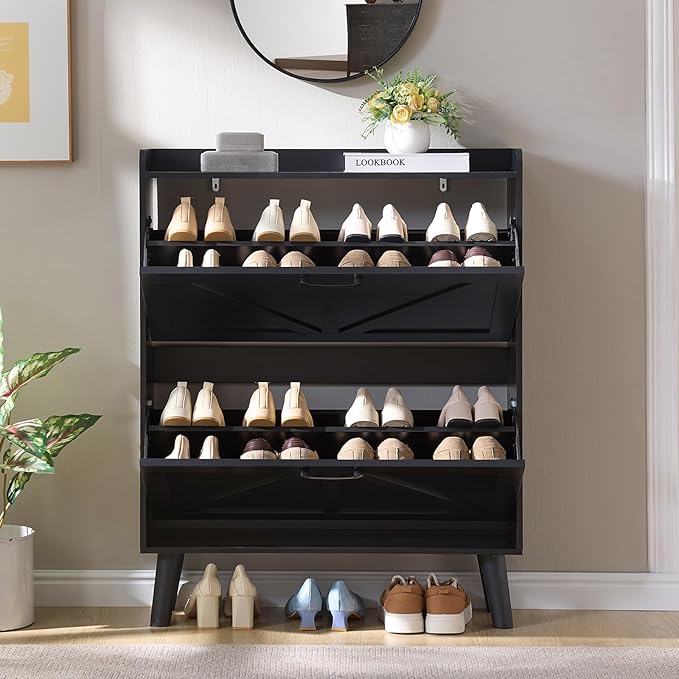 LEYAOYAO Shoe Cabinet Storage for Entryway with 2 Flip Drawers Rack Narrow Organizer Slim Hidden Wood Shoe Cabinet Furniture Black