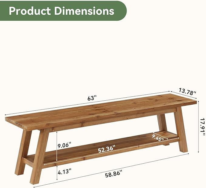 Set of 2 63” Wood Dining Room Bench, Farmhouse Kitchen Bench with Storage Shelf, Solid Wood Rusit Backless Bench for Dining Table, Extra Long Seating for Kitchen Room