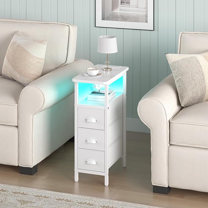 sthmec End Table with Charging Station,LED Side Tables with USB Ports and Outlets,Skinny Bedside Tables with 3 Drawers,Small Tabls Nightstands for Small Space,Slim Sofa Table for Livingroom, White