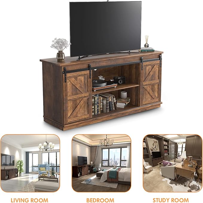 JUMMICO TV Stand for 65 Inch TV, Entertainment Center with Storage Cabinets and Sliding Barn Doors, Mid Century Modern Media TV Console Table for Living Room Bedroom (Rustic Oak)