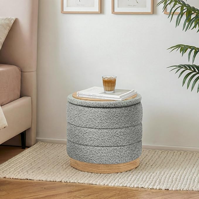 Round Storage Ottoman with Reversible Tray Lid, Folding Chenille Fabric Footrest with Hidden Storage, 15.4" Footstool for Small Spaces Living Room Bedroom, Wood Grain Base, Grey
