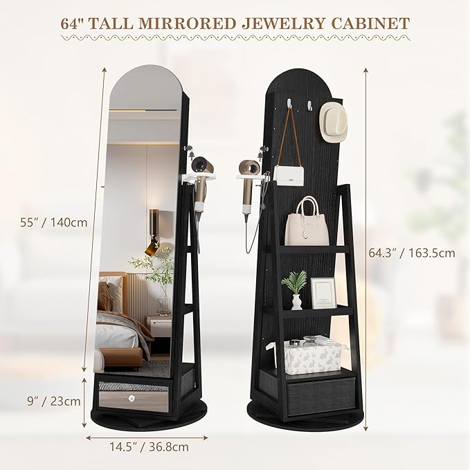 LVSOMT 64" H Arched LED Mirror Jewelry Cabinet Standing, 360° Swivel Full-Length Mirror with Storage, Lockable Jewelry Organizer with Inner Makeup Shelf, Gift for Women, Black