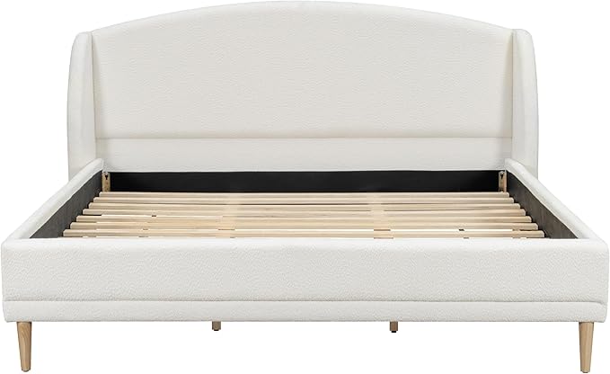 Christopher Knight Home Hazel King Size Bed Frame, Upholstered Platform Bed, Soft Boucle Wingback Headboard, Wood Bed Support and Slats, Curved-Shaped Headboard King Beds for Adult, 45.60" H White