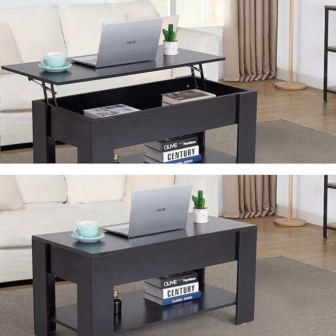 FDW 39.4" Lift Top Coffee Table with Hidden Compartment and Storage Shelf Wooden Lift Tabletop for Home Living Room Reception Room Office (Black)