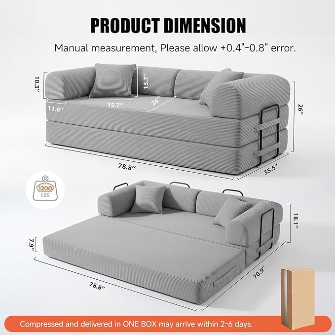 79" Compressed Sofa, Convertible Sofa Bed, Corduroy Compression Boneless Couch with Pillow, Comfy Modular Foldable Floor Sleeper Sofa for Bedroom, Living Room, Lounge, Studio (Light Gray)