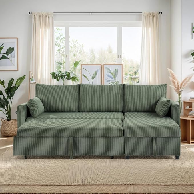 Sectional Sleeper Sofa with Pull Out Bed, L Shape Convertible Sofa Bed Couch with Storage Chaise, 3 in 1 Pull Out Sofa Bed with 3 Seats for Living Room,Apartment, Green, 85Inch