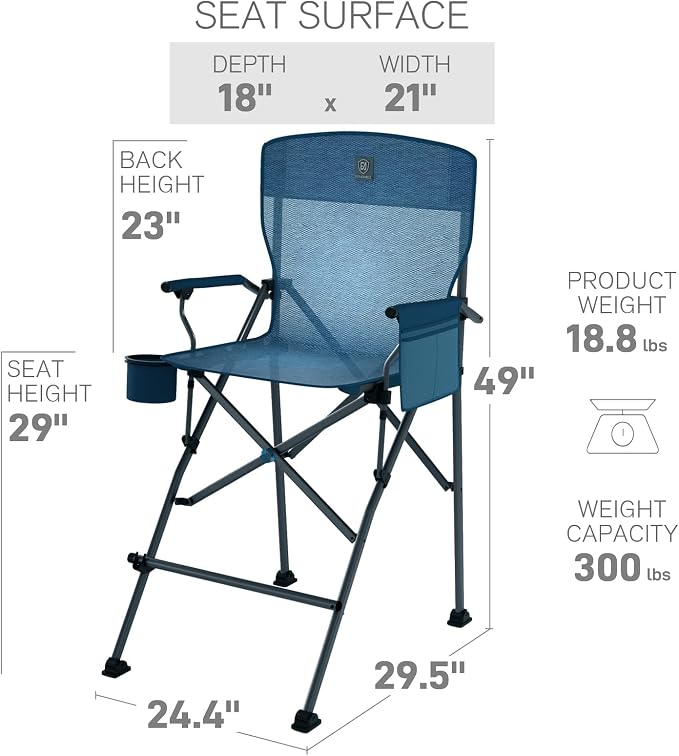 EVER ADVANCED Stretch Mesh Tall Camping Folding Chair 31", Portable Directors Chair, Bar Height Camping Chair with Carry Bag and Footrest, Armrest, Heavy Duty Supports 300 Lbs Blue
