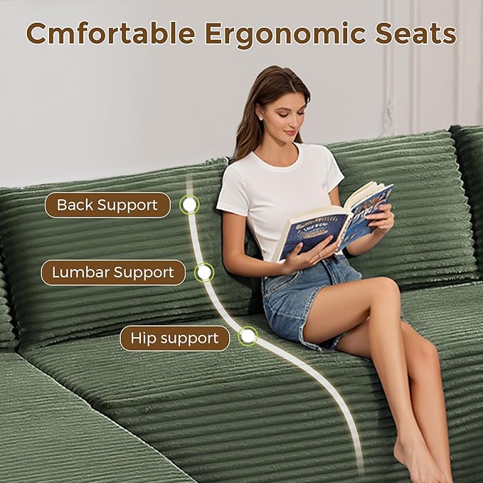 133" Oversized Cloud Boneless Sofa Couch with Chaise, Modern Corduroy U Shaped Modular Sectional Sofa with Deep Seat, Comfy Couch with Cupholders and Storage, No Assembly Required-Green