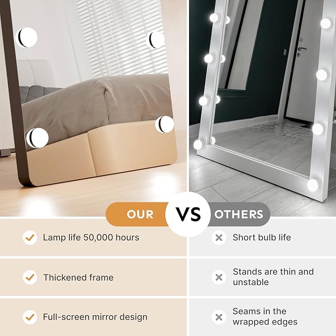 Kosmonia 56x18 Hollywood Full Length Mirror with Light, 17 Dimmable Bulbs & 3 Color Smart Touch Control, Distortion Free, Tempered Glass, Safe Full Body Mirrors with Stand