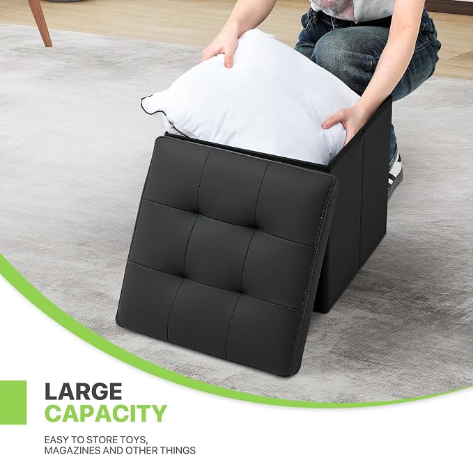 Magshion Small Folding Storage Ottoman Cube, 15 Inches PU Leather Footrest Stool, Square Ottoman with Storage for Entryway, Living Room, Bedroom, Black
