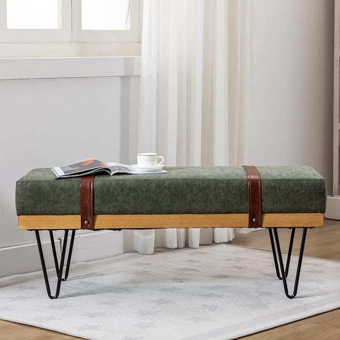HEAH-YO Industrial Entryway Bench Set of 1, 44 Inches End of Bench with Padded Seat Cushion, Uphlstered PU Leather Dining Bench for Kitchen Living Room, Green