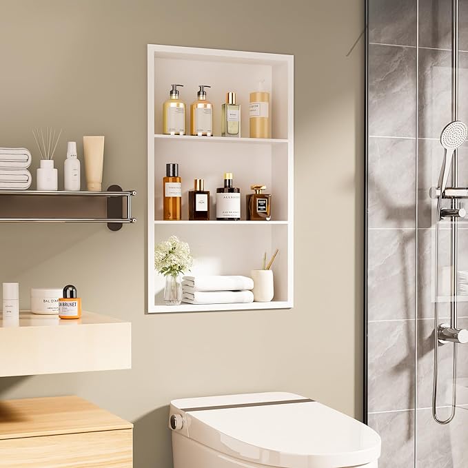 14x24 Recessed Medicine Cabinet, Bathroom Wall Cabinet, 304 Stainless Steel Recessed Wall Niche with 3-Tiers Shelves, Matte White