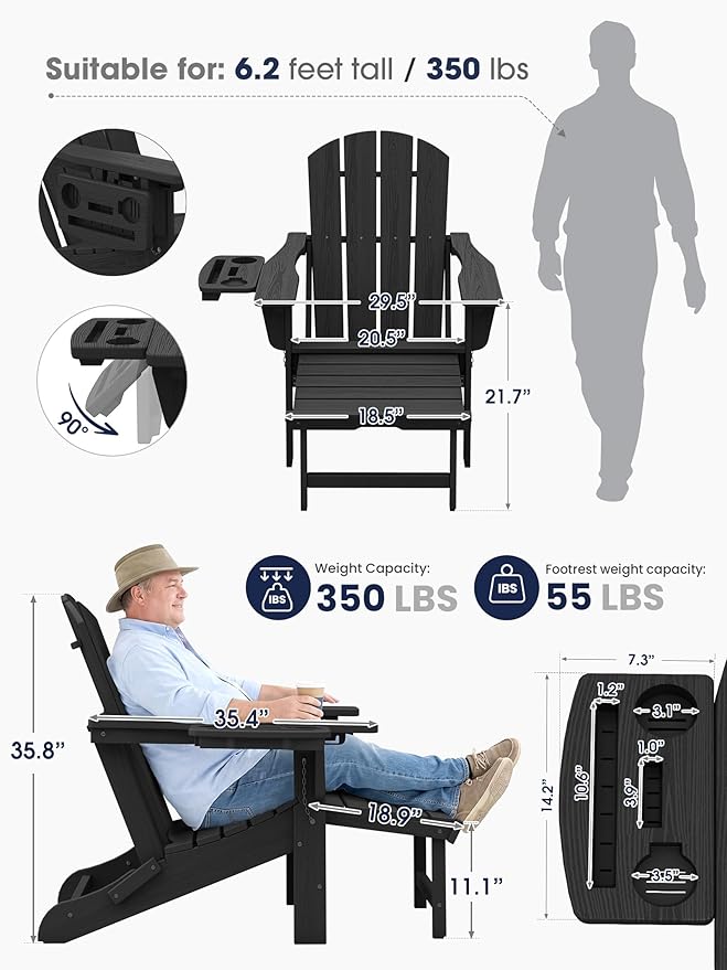 KINGYES Adjustable Folding Adirondack Chair with Footrest & 4-in-1 Multi-Functional Armrest Organizer, HDPE Foldable Recliner Adirondack Chair with Pull-Out Ottoman, Black