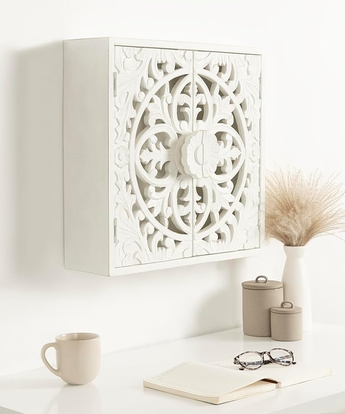 Kate and Laurel Saanvi Traditional Carved Wood Wall Cabinet; 20 x 6 x 20; White; Dimensional Over The Toilet Storage Cabinet for Bathroom Storage and Display