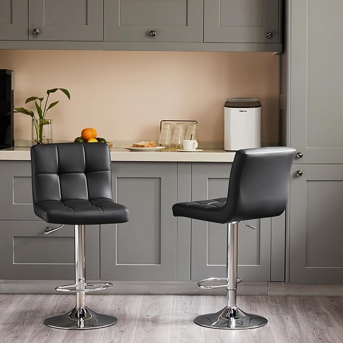 Sweetcrispy Bar Stools Set of 2, Armless PU Leather Adjustable Swivel Barstools, Hydraulic Kitchen Counter Height Thickened Seat Cushion Square Island Countertop Chairs with Back, Black