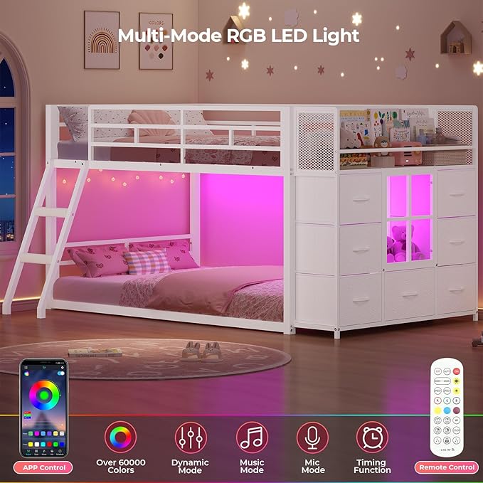 BTHFST Low Bunk Bed Twin Over Twin with 7 Large Fabric Drawers & Bookshelf, Metal Bunk Bed with RGB LED Lights & Slanted Ladder & Safety Guardrail, Kids Low Loft Bed Twin for Small Space, White