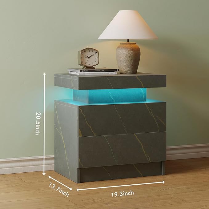 Nightstand LED Bedside Table LED Cabinet LED Lights Modern End Side Table with 2 Drawers for Bedroom Light Grey