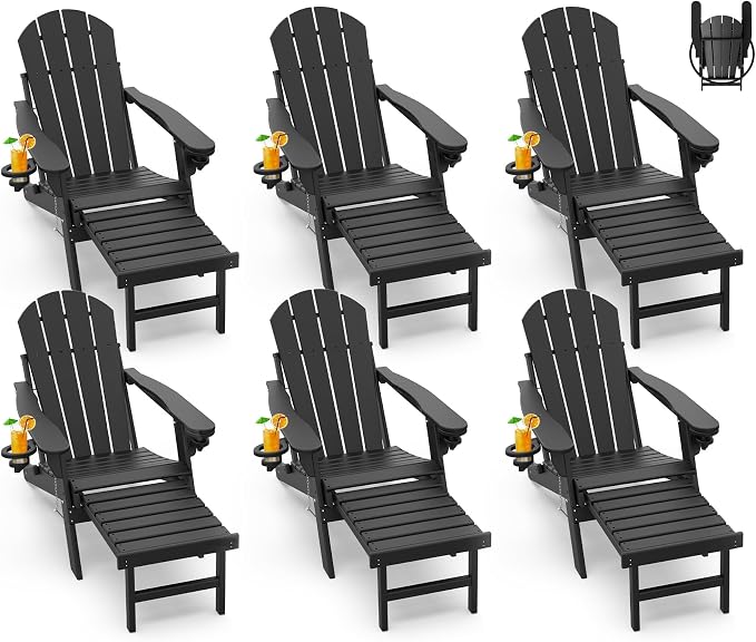 GREENVINES Adirondack-Chairs-with-Ottoman | Set of 6 | Folding | Retractable-Footrest | HDPE Plastic | All Weather Fire Pit Chair | Cup Holders | Black | for Outdoor Poolside