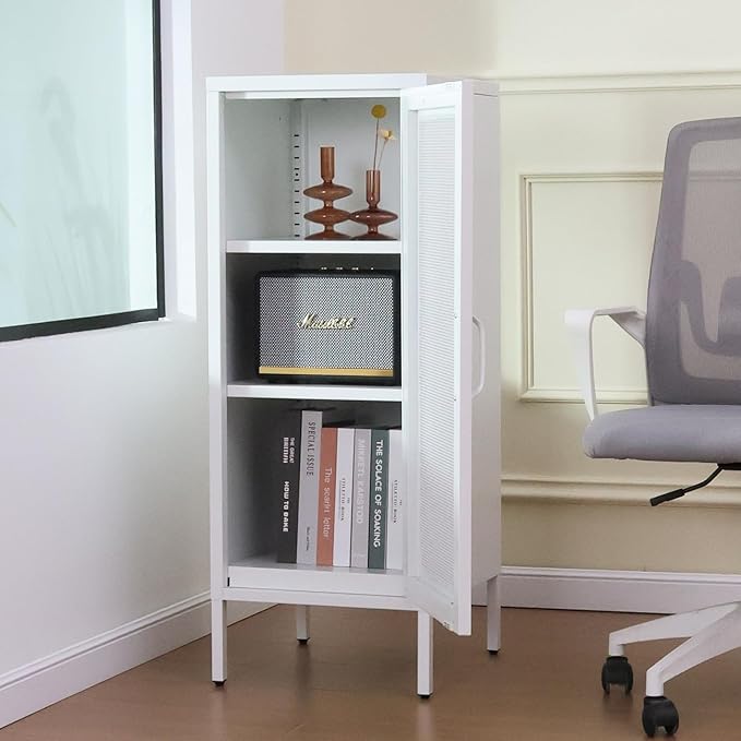 Slim Metal Storage Cabinet with Mesh Doors - 42'' Tall Narrow Organizer Tower, Compact Freestanding Cabinet, Versatile Utility Storage for Home, Office, Kitchen, Living Room, Durable and Modern Design