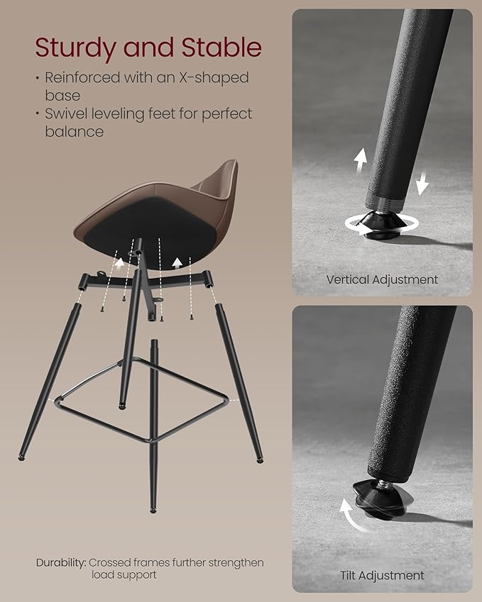 VASAGLE Bar Stools Set of 4, Counter Height Bar Stools with Back, Ergonomic Backrest, Synthetic Leather, Metal Legs, 24.8-Inch Tall Barstools for Kitchen Island Home Bar, Easy Assembly, Coffee Brown