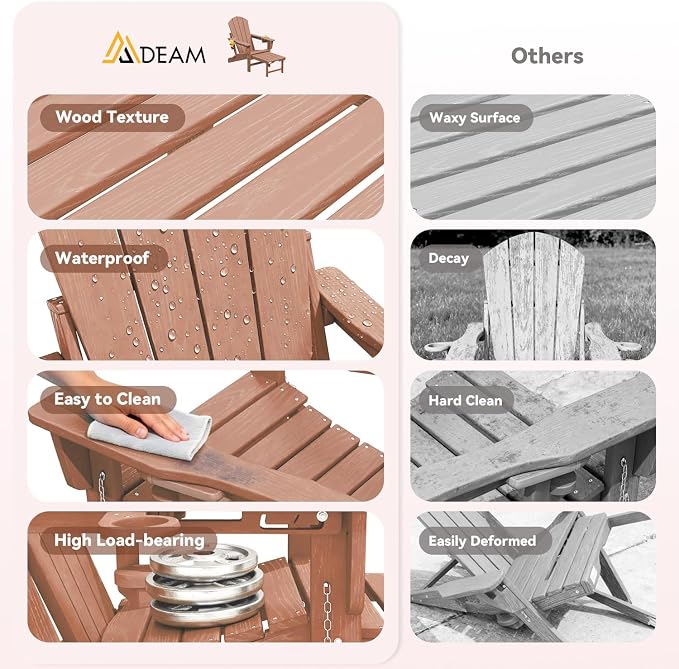 Mdeam 3-Level Adjustable Adirondack Chair with Retractable Ottoman, HDPE All-Weather Folding Fire Pit Chair with 2 Cup Holders, Outdoor Chair for Deck Patio Garden Backyard Lawn (Teak)