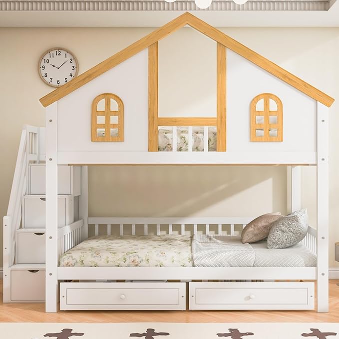 Full Over Full Bunk Bed with Drawers and Storage Stairs, House Castle Bed with Roof and Windows, Bookshelf, Space Saving for Kids, Boys, Girls, Adults, White