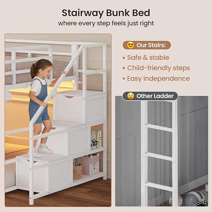 ADORNEVE Low Bunk Bed Full Over Full with Stairs, 3 Storage Drawers & Power Outlet, Full Size Metal Floor Bunk with RGB Lights & Shelves, Space-Saving Kids Bed, White