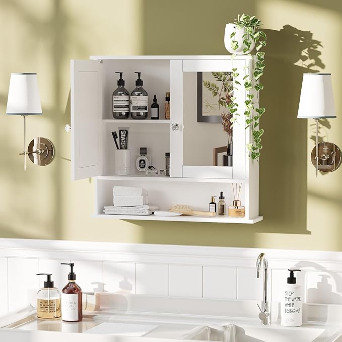 VINGLI Medicine Cabinet with Mirror, Wall Mounted Bathroom Cabinet with Open Shelf, 2-Door White Storage Organizer Over Toilet, Adjustable Shelves for Vanity, Entryway, Kitchen, 22x23 Inch