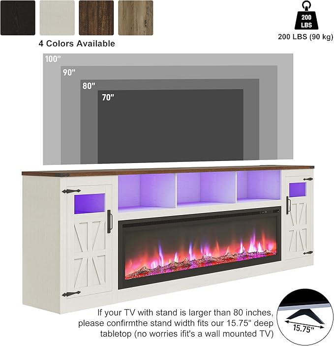 Fireplace TV Stand for 100 Inch TV, 95" Farmhouse Entertainment Center with 60" Electric Fireplace & LED Lights, Large Media Console for Living Room, Rustic Barn Doors, Power Outlets, Antique White