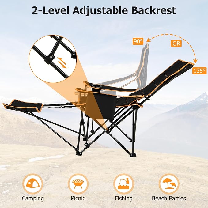 Goplus Reclining Camping Chair with Removable Footrest, 2-in-1 Folding Lounge Chair w/Adjustable Backrest Storage Bag & Cup Holder,Portable Recliner Cozy Lounge Chair for Picnic, Fishing (1)
