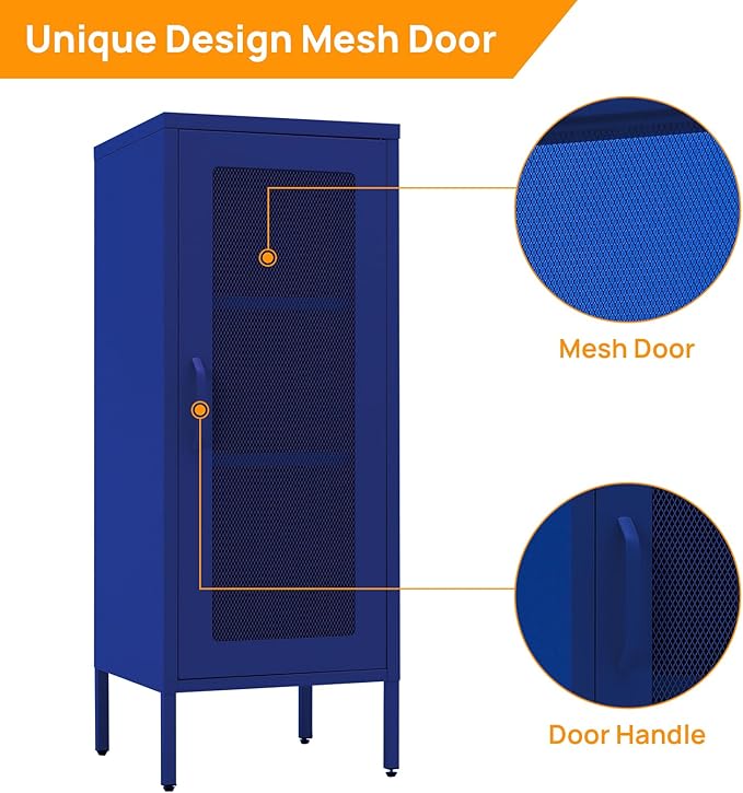 Slim Metal Storage Cabinet with Mesh Doors - 42'' Tall Narrow Organizer Tower, Compact Freestanding Cabinet, Versatile Utility Storage for Home, Office, Kitchen, Living Room, Durable and Modern Design