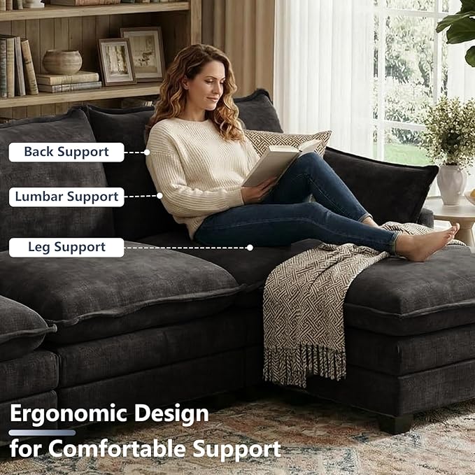 U Shaped Modular Sectional Sofa, Cloud Couch with Movable Ottoman, Comfy Chenille Sofa with Pillows for Living Room, Bedroom, Apartment, Black