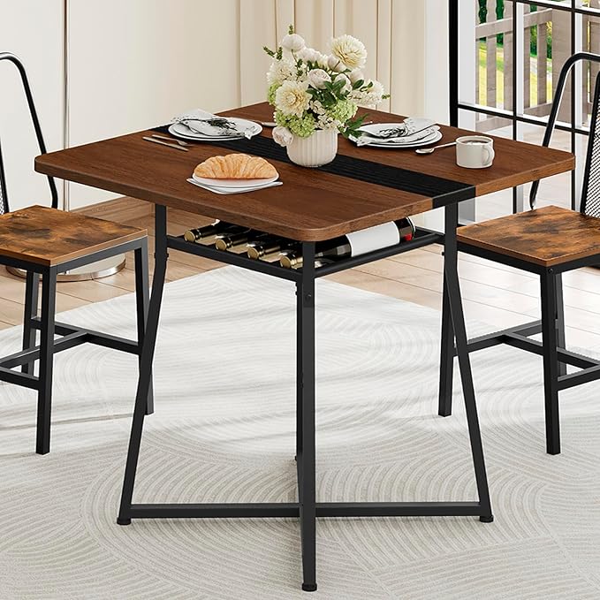YATINEY Dining Table, 29.5'' Kitchen Table, Dining Room Table with Wine Rack, Versatile Small Dining Table, Easy Assembly, for Restaurant, Cafe, Apartment, Black and Walnut CZ02BH
