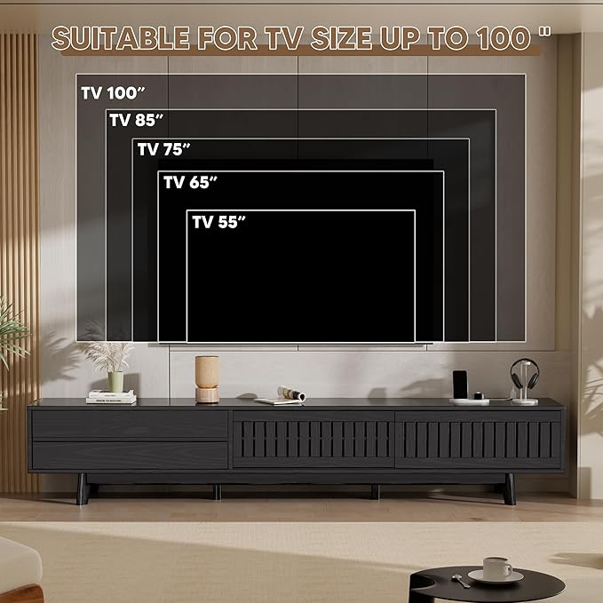 TV Stand for up to 85 Inch TVs, 78.7" Entertainment Center with Storage & Power Outlet, Mid Century Modern Media Console w Drawers and Sliding Door, Television Stands for Living Room, Black