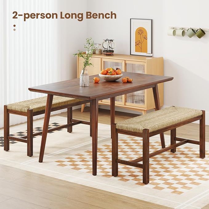 Giantex 40" Dining Bench with Woven Seagrass Woven Seat, Rubber Wood Legs, 350 Lbs Capacity, 40" x 14" x 18" Entryway Bench for End of Bed, Dining Room, Hallway, Living Room, Bedroom, Entry (2)
