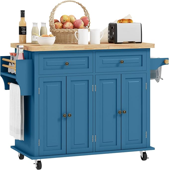 HOMCOM Kitchen Island Cart with Solid Wood Top, 44" Mobile Kitchen Island Table on Wheels with Storage Cabinets, 2 Drawers, Adjustable Shelves, Spice Rack & Towel Bar for Dining Room, Turquoise