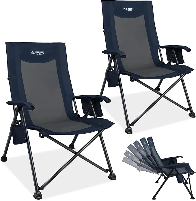 Reclining Camping Chair for Adults Heavy Duty 2 Pack, Folding Recliner Lawn Chairs with 6-Positions Adjustable High Back, Portable Patio Lounge Chairs for Outdoor Poolside Sports Beach