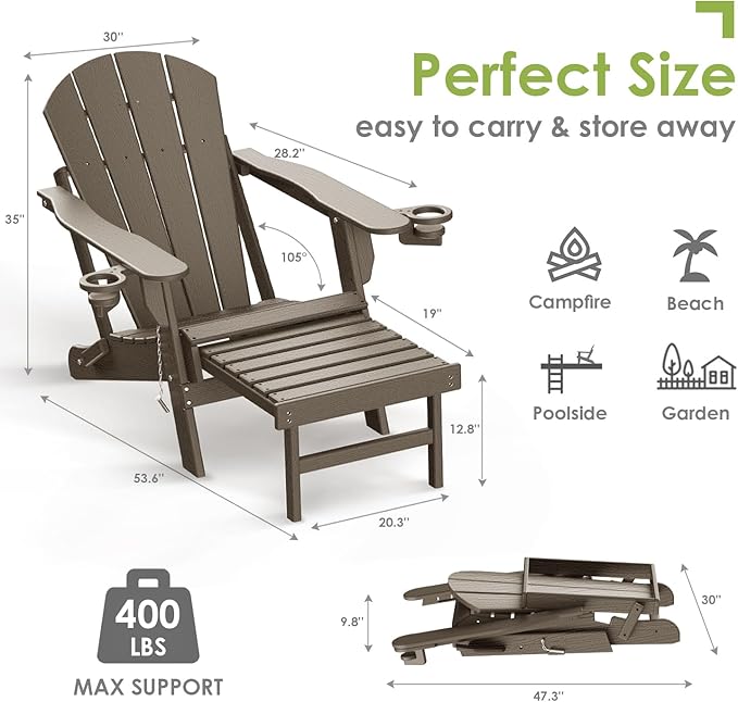 GREENVINES Adirondack-Chairs-with-Ottoman | Wood Grain | Folding | Retractable-Footrest | HDPE Plastic | All Weather Fire Pit Chair | Cup Holders | for Outdoor Poolside